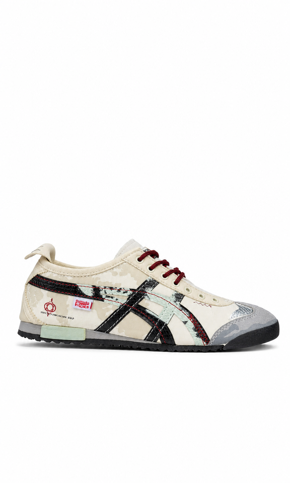 Onitsuka Tiger Mexico 66 con un patrón de camuflaje beige y detalles gráficos en negro y rojo - Calzado de mujer y hombre