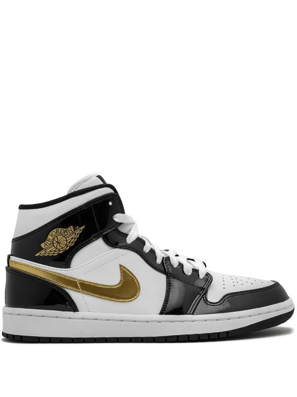 N373O Jordan 1 Mid Patent en negro, blanco y dorado - Calzado de mujer y hombre
