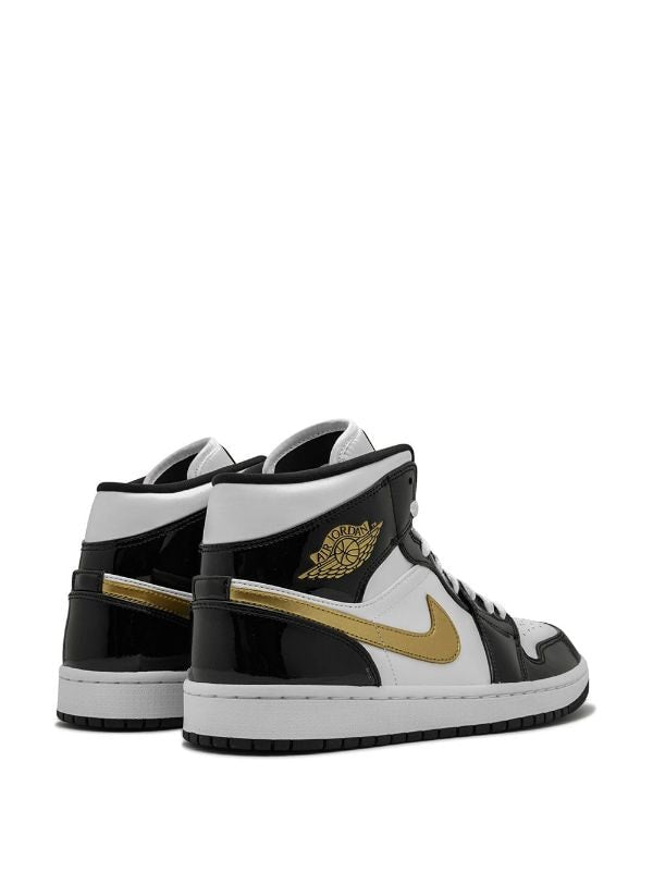 N373O Jordan 1 Mid Patent en negro, blanco y dorado - Calzado de mujer y hombre