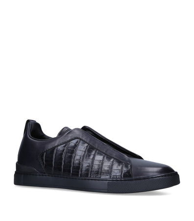 Zegna tenis bajos Triple Stitch negro total cocodrilo - Calzado de mujer y hombre